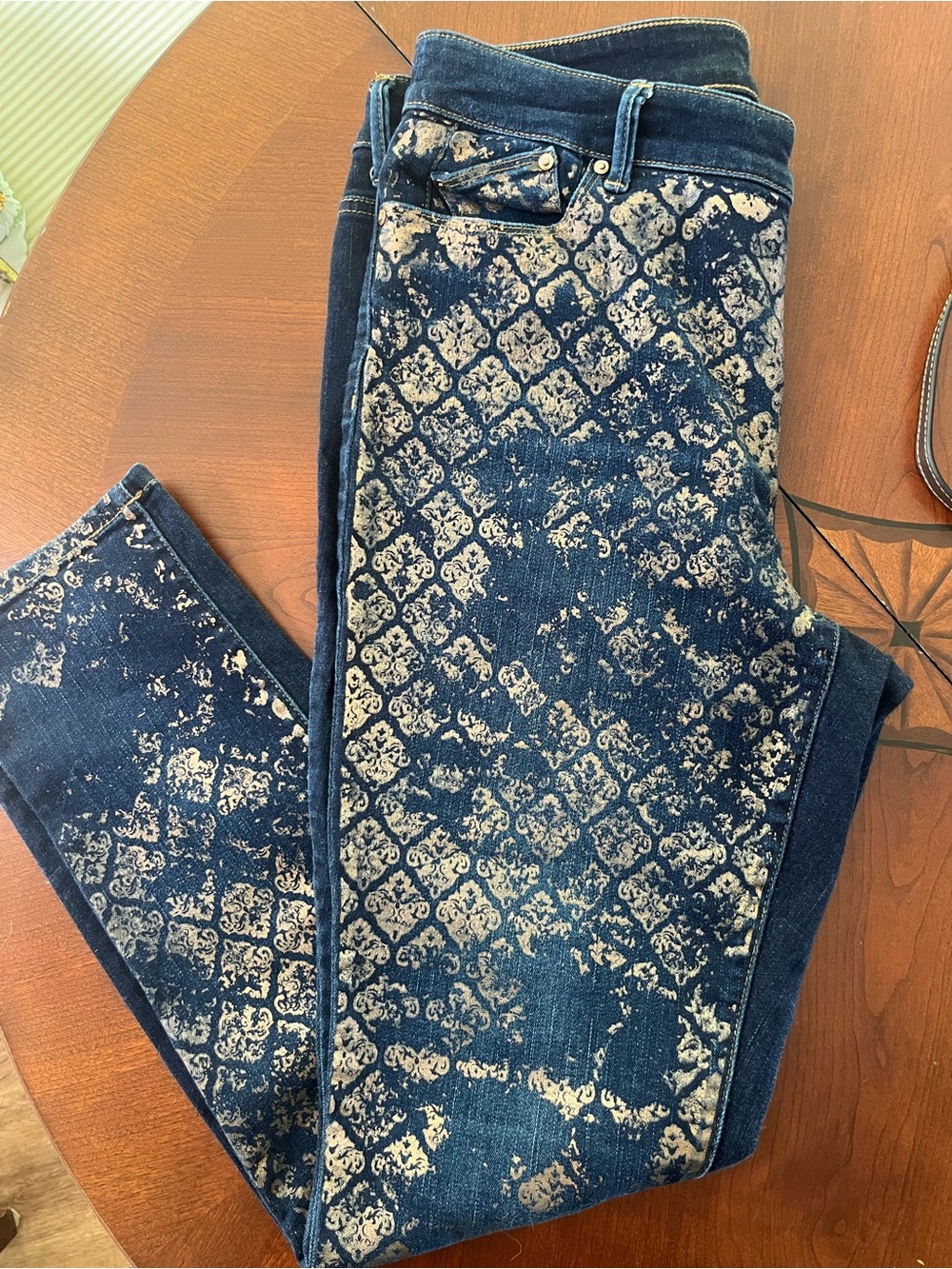 Chico's Navy Skinny Jeans with Metallic Bronze Print